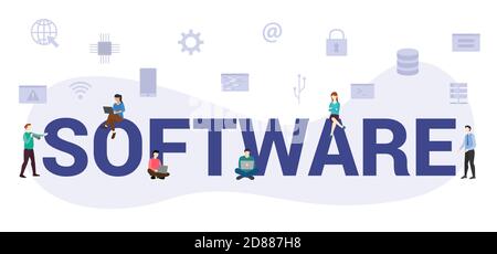 concept de logiciel avec le grand texte moderne ou le mot et les personnes avec un style plat moderne associé aux icônes Illustration de Vecteur