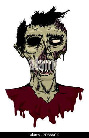 Version colorée d'un portrait de zombie mâle pourri de style dessiné à la main. Illustration de Vecteur