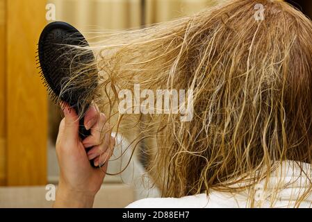 blond peignant des cheveux mouillés et emmêlés. Jeune femme peignant ses cheveux emmêlés après la douche, gros plan. Banque D'Images