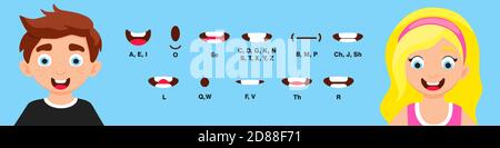 Animation de la bouche de garçon et de fille avec différentes expressions dans le style plat vectoriel jeu d'illustrations. Illustration de Vecteur