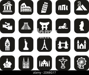 Repères du monde icônes White sur Black Flat Design Définir grand Illustration de Vecteur