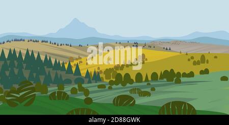 Arrière-plan vectoriel de paysage magnifique avec des collines vertes, champs et prairies, arrière-plan dans le style de dessin animé plat - illustration de paysage polygonal. Illustration de Vecteur