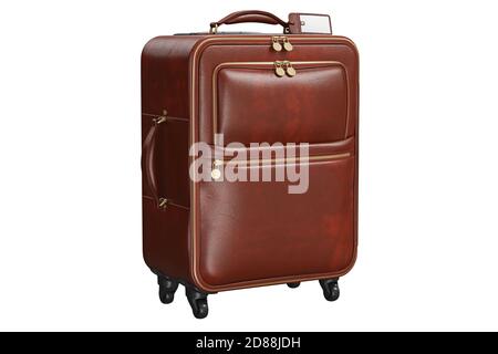 Valise de voyage grands bagages en cuir brun. Arrière-plan 3D blanc isolé Banque D'Images