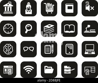Icônes de bibliothèque ou d'étude blanc sur l'ensemble de conception à plat noir Grande Illustration de Vecteur