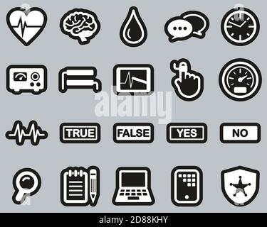 Icônes de test du détecteur lie ou de test du polygraphe blanc sur noir Ensemble d'autocollants gros Illustration de Vecteur