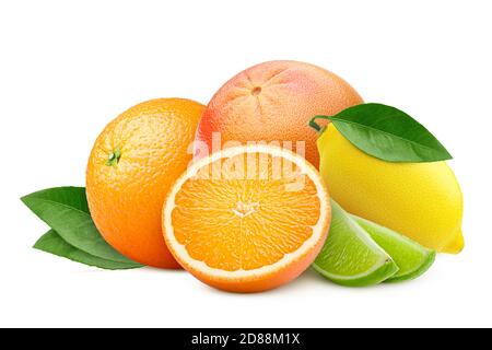 agrumes, mélange, citron, orange, citron vert, pamplemousse isolé sur fond blanc, masque, profondeur de champ totale Banque D'Images
