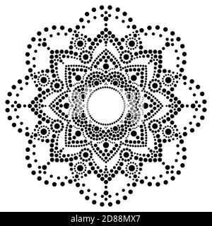 Dot art vecteur ethnique mandala, dessin traditionnel aborigène de peinture de point, décoration indigène de l'Australie en blanc sur fond noir Illustration de Vecteur