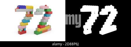 Jouet coloré plastique numéro soixante-douze (numéro 72) de briques de construction avec canal alpha et ombre sur fond blanc. Illustration 3D Banque D'Images