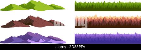 Ensemble d'objets vectoriels de dessin animé de forêt de montagnes et de conifères Illustration de Vecteur