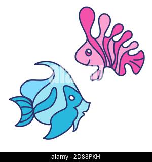 Poissons marins de fantaisie dans le style naïf. Vecteur isolé de deux poissons exotiques dans le style de dessin animé. Éléments vectoriels isolés de style puéril Illustration de Vecteur