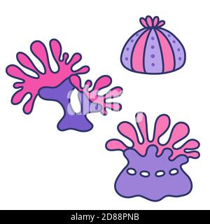 Anemone - autocollants isolés ou éléments de design pour l'impression. Style dessin animé simple. Petits récifs de corail vivants pour les enfants fête décor a-la sous la mer Illustration de Vecteur