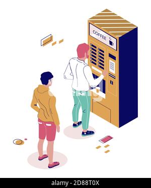 Les personnes achetant une boisson de café à partir d'un distributeur de café, illustration isométrique à vecteur plat. Technologie de distributeur automatique. Illustration de Vecteur