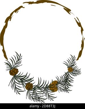 Cadre à segment ovale inégal avec branches en pin et cônes pour Carte de vœux du nouvel an et de Noël Illustration de Vecteur