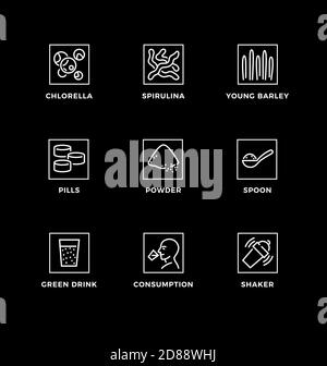 Ensemble vectoriel d'éléments de conception, modèle de conception de logo, icônes et badges pour le superaliment – chlorella, spiruline, jeune orge. Jeu d'icônes de ligne, str. Modifiable Illustration de Vecteur