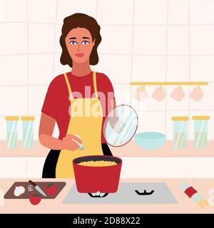 Belle femme qui cuisine dans sa cuisine. brunette dans une robe rouge et un tablier jaune soupe au sel et tient le couvercle de la casserole. Illustration vectorielle de dessin animé Illustration de Vecteur