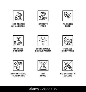 Ensemble vectoriel d'éléments de conception, de logo, d'icônes de modèle et de badges pour des cosmétiques naturels et biologiques. Sans cruauté, non testé sur les animaux, paraben f Illustration de Vecteur