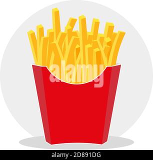 Illustration vectorielle des frites dans un emballage en carton rouge à emporter, isolée sur fond jaune Illustration de Vecteur