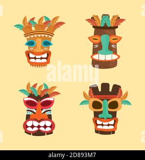 tiki tribal en bois masques culture ensemble antique icônes illustration vectorielle Illustration de Vecteur