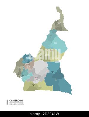 Carte détaillée de l'higt du Cameroun avec subdivisions. Carte administrative du Cameroun avec le nom des districts et des villes, colorée par les Etats et le dist administratif Illustration de Vecteur