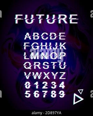 Modèle de police future Glitch. Alphabet vectoriel de style futuriste rétro sur fond violet irisé. Lettres majuscules, chiffres et symboles. Tendance Illustration de Vecteur