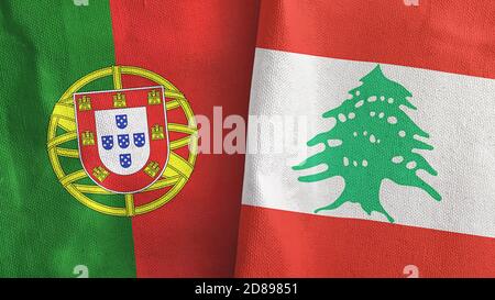 Liban et Portugal deux drapeaux textile tissu rendu 3D Banque D'Images