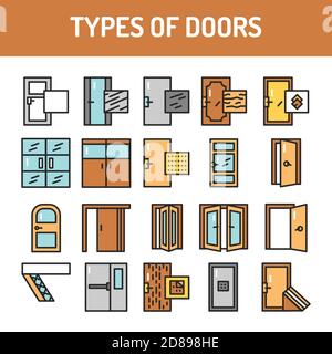 Types de portes jeu de lignes de couleur icônes. Matériau acier. Elément vectoriel isolé. Pictogrammes de contour pour la page Web, l'application mobile, la promotion Illustration de Vecteur