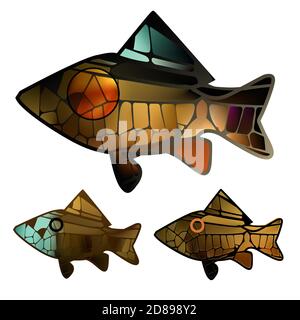 Mosaique de vitraux à n'importe quelle surface avec de l'or de poissons marins colorés lumineux Illustration de Vecteur