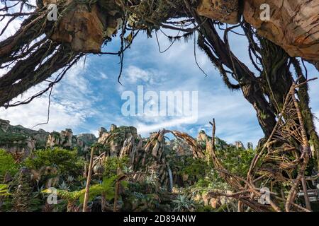 La jungle couvrait les montagnes de Pandora – le monde de l'Avatar à Animal Kingdom, Disney World, Floride Banque D'Images