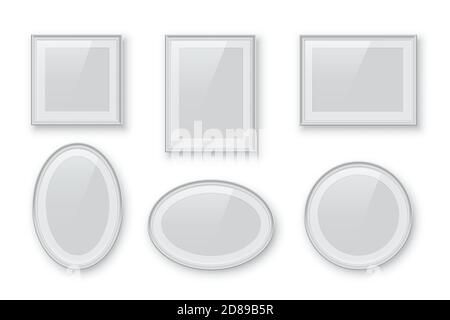 Cadres photo ou photo blancs rectangulaires et ronds de différentes proportions et tailles, isolés sur fond blanc. Ensemble de bordures vectorielles vintage Illustration de Vecteur