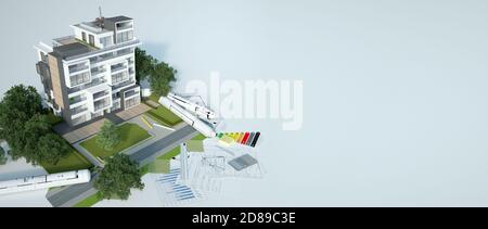 Rendu 3D d'un modèle d'architecture de bâtiment durable avec des plans détaillés, un tableau d'efficacité énergétique et d'autres documents Banque D'Images