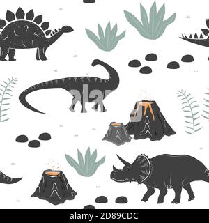 Motif vectoriel sans couture avec différents dinosaures, plantes et volcan. Paysage de dessins animés de la période jurassique avec dino. Texture pastel pour les enfants Illustration de Vecteur