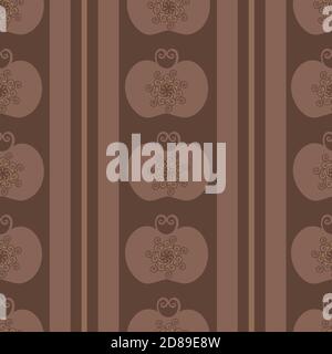 Motif de pomme et de rayures stylisées sur fond de motif vectoriel sans couture. Toile de fond rayée avec alternance de rangées de fruits de verger brun terreux monochromes Illustration de Vecteur