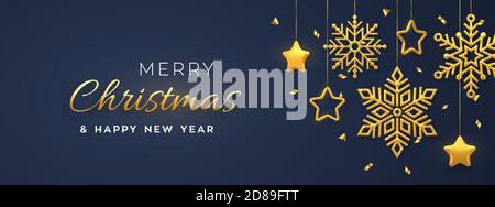 Fond bleu de Noël avec des flocons de neige dorés brillants suspendus et des étoiles métalliques 3D. Carte de vœux de joyeux noël. Noël et nouvel an Illustration de Vecteur