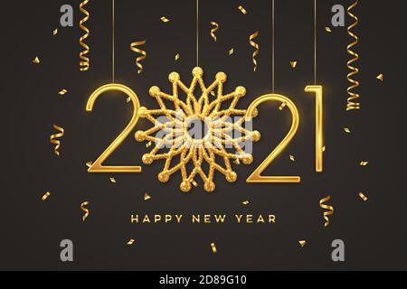Bonne année 2021. Suspendu Golden Metallic numéros 2021 avec flocon de neige brillant et confetti sur fond noir. Carte de vœux ou bannière du nouvel an Illustration de Vecteur