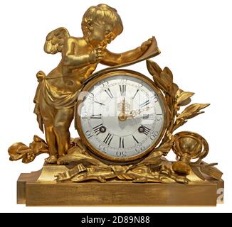Ancienne horloge de table dorée vintage avec un ange, isolée sur un fond blanc Banque D'Images