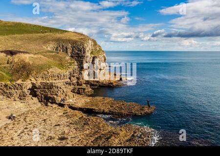 Les falaises de Portland Stone à la carrière de Séacombe sur la côte jurassique, île de Purbeck, Dorset, Angleterre Banque D'Images