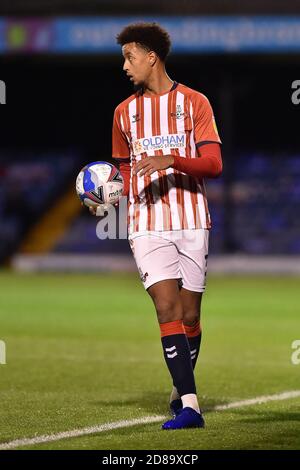 Southend, Royaume-Uni. 27 octobre 2020. SOUTHEND ON SEA, 27 OCTOBRE. Cameron Borthwick Jackson d'Oldham Athletic en action lors du match Sky Bet League 2 entre Southend United et Oldham Athletic à Roots Hall, Southend, le mardi 27 octobre 2020. (Credit: Eddie Garvey | MI News) Credit: MI News & Sport /Alay Live News Banque D'Images