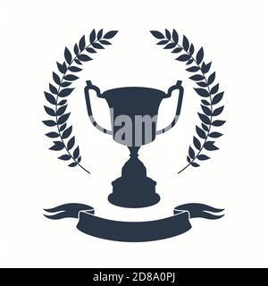 Coupe trophée. Silhouette noire de la coupe avec couronne de Laurier et ruban sur fond blanc Illustration de Vecteur