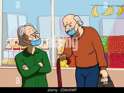 Une illustration de deux vieux hommes parlant. Ils ne se conforment pas aux recommandations de santé, car leurs masques ne couvrent pas leur nez. Également, le Banque D'Images