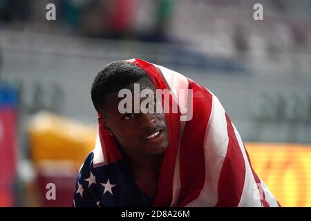 Doha. 28 septembre 2019. Photo prise le 28 septembre 2019 montre Christian Coleman des États-Unis célébrant après avoir remporté le 100 m masculin aux Championnats du monde d'athlétisme de l'IAAF 2019 à Doha, au Qatar. Le champion du monde de 100m masculin Christian Coleman est interdit depuis deux ans, pour avoir manqué trois tests de contrôle du dopage. L'unité d'intégrité Athlétique de Track and Field a déclaré que Coleman sera interdit jusqu'en mai 2022, l'obligeant à manquer les Jeux Olympiques de Tokyo l'année prochaine. Credit: Li Gang/Xinhua/Alay Live News Banque D'Images