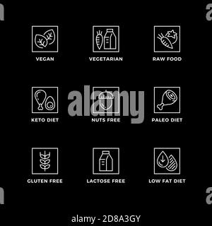 Ensemble vectoriel d'éléments de conception, modèle de conception de logo, icônes et badges pour des régimes alimentaires sains. Jeu d'icônes de ligne, contour modifiable. Illustration de Vecteur
