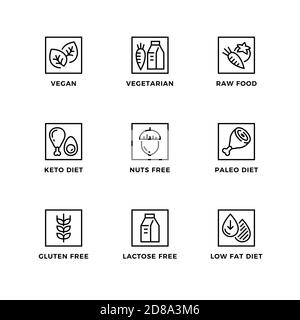 Ensemble vectoriel d'éléments de conception, modèle de conception de logo, icônes et badges pour des régimes alimentaires sains. Jeu d'icônes de ligne, contour modifiable. Illustration de Vecteur