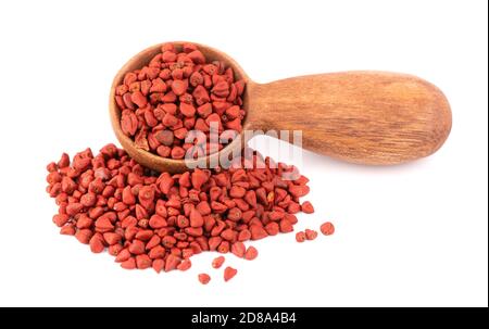 Graines d'annatto en cuillère en bois, isolées sur fond blanc. Graines d'achiote, bixa orellana. Colorant naturel pour la cuisine et la nourriture. Gros plan. Banque D'Images