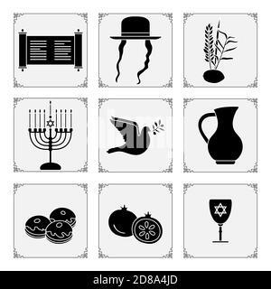 Illustration vectorielle fêtes juives symboles traditionnels Menorah bougies, Torah scroll, cruche d'huile, colombe, beignets, grenade, citron, datte branche de palmier, Illustration de Vecteur