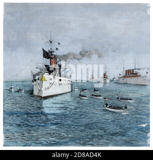 US Navy North Atlantic Squadron à Hampton Roads va, 1896 (USS New York, Cincinnati, Maine, Montgomery, Columbia). Illustration de demi-teinte de couleur main Banque D'Images