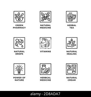 Ensemble vectoriel d'éléments de conception, modèle de conception de logo, icônes et badges pour la pharmacie biologique. Jeu d'icônes de ligne, contour modifiable. Illustration de Vecteur