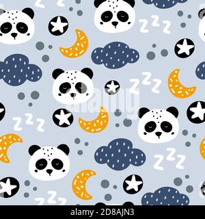 Panda endormi avec étoiles, lune et nuages dessiné à la main sans couture motif dans le style scandinave illustration vectorielle. Motif visage panda mignon. Illustration de Vecteur
