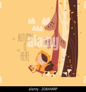 Jolie fille cueillant des champignons avec son chat à l'automne forêt Illustration de Vecteur