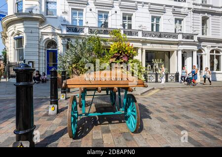 barrow décoratif dans King Street inscrit au nom de Covent Garden, Londres WC2 lors d'une journée ensoleillée devant la boutique et le café Petersham Nurseries Banque D'Images