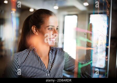 Bonne femme travaillant, brainstorming au bureau. Des idées nouvelles Banque D'Images